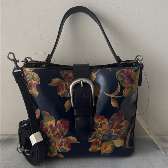 Patricia Nash Irving Bucket Crossbody Bag Distress Le Fleur Leather Black Blue - Picture 2 of 8